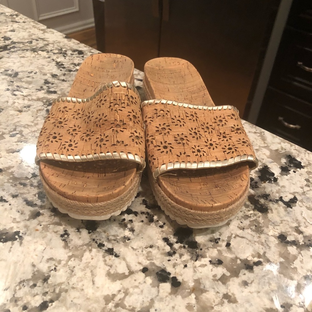 JACK ROGERS RO Cork Espadrille Metallic Slides laser cut floral